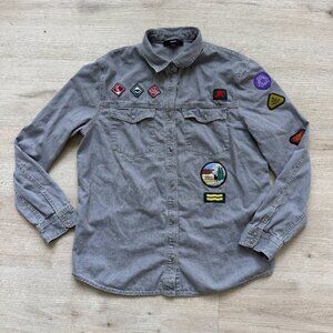 Diesel Denim Shirt Patches Gray Snap Button Down Chambray Utility Large